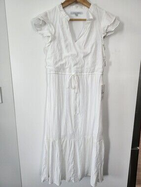 JULIA JORDAN Ivory Crinkle Textured Flutter Sleeve Minimalist Midi Dress 2 NWT